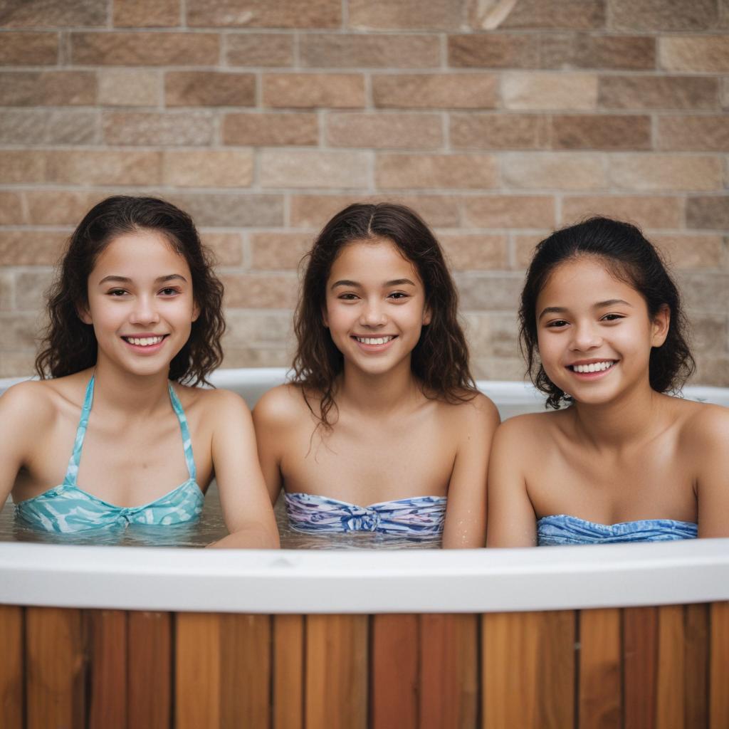 three different ethnicity tween girls sitting in a hot tub together