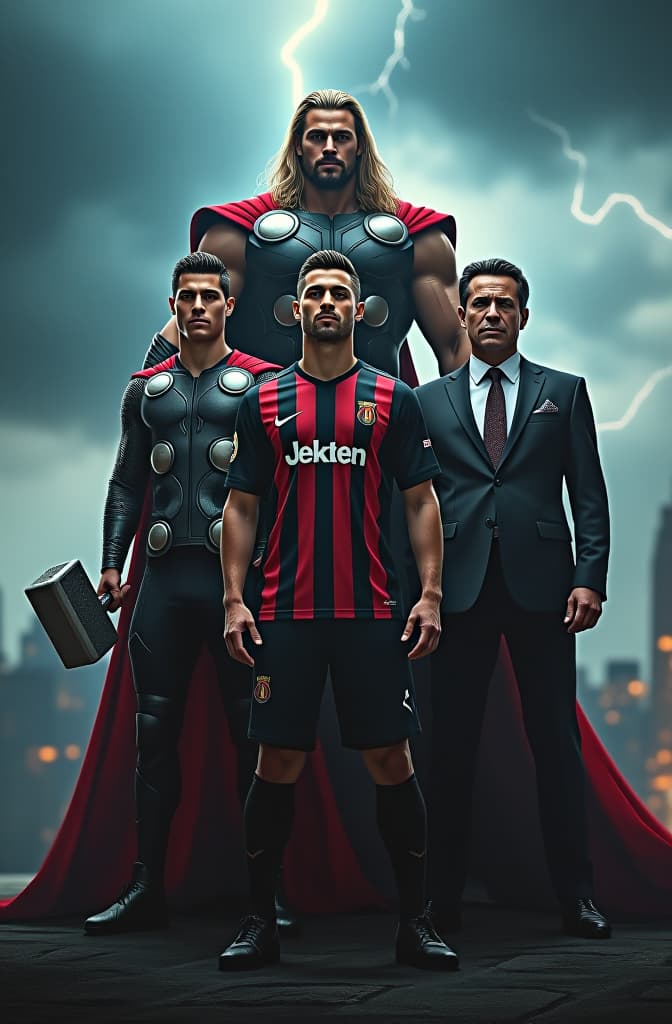  create a powerful and charismatic image featuring thor, ronaldo, and bruce wayne standing together. thor is depicted as a towering, muscular norse god with long blonde hair, holding his hammer mjölnir, dressed in his iconic armor with a cape flowing behind him. ronaldo is in the center, wearing a sleek, modern football uniform with a confident expression, showcasing his athletic build and sharp features. bruce wayne, on the other side, is dressed in a sharp, tailored suit, exuding the aura of a billionaire with a hint of his batman persona in his stance. the background is dramatic, with stormy skies and lightning striking, symbolizing thor's power, while a city skyline in the distance hints at gotham city. the lighting highlights their fac hyperrealistic, full body, detailed clothing, highly detailed, cinematic lighting, stunningly beautiful, intricate, sharp focus, f/1. 8, 85mm, (centered image composition), (professionally color graded), ((bright soft diffused light)), volumetric fog, trending on instagram, trending on tumblr, HDR 4K, 8K