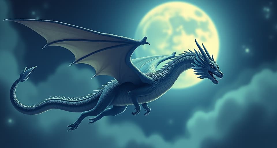  a powerful dragon with shimmering scales, flying through a moonlit sky. ethereal and majestic presence, symbolizing projection of insecurities.. the style is digital art illustration,highly detailed, whimsical,magical, dreamlike atmosphere, realism and fantasy blend, smooth, glossy textures,luminous quality, wonder and enchantment.