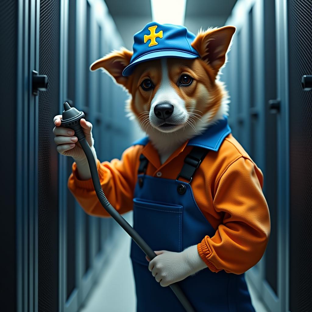  a dog dressed as a plumber trying to fix a computer server farm with a plunger, meme style, semirealistic, photography hyperrealistic, full body, detailed clothing, highly detailed, cinematic lighting, stunningly beautiful, intricate, sharp focus, f/1. 8, 85mm, (centered image composition), (professionally color graded), ((bright soft diffused light)), volumetric fog, trending on instagram, trending on tumblr, HDR 4K, 8K