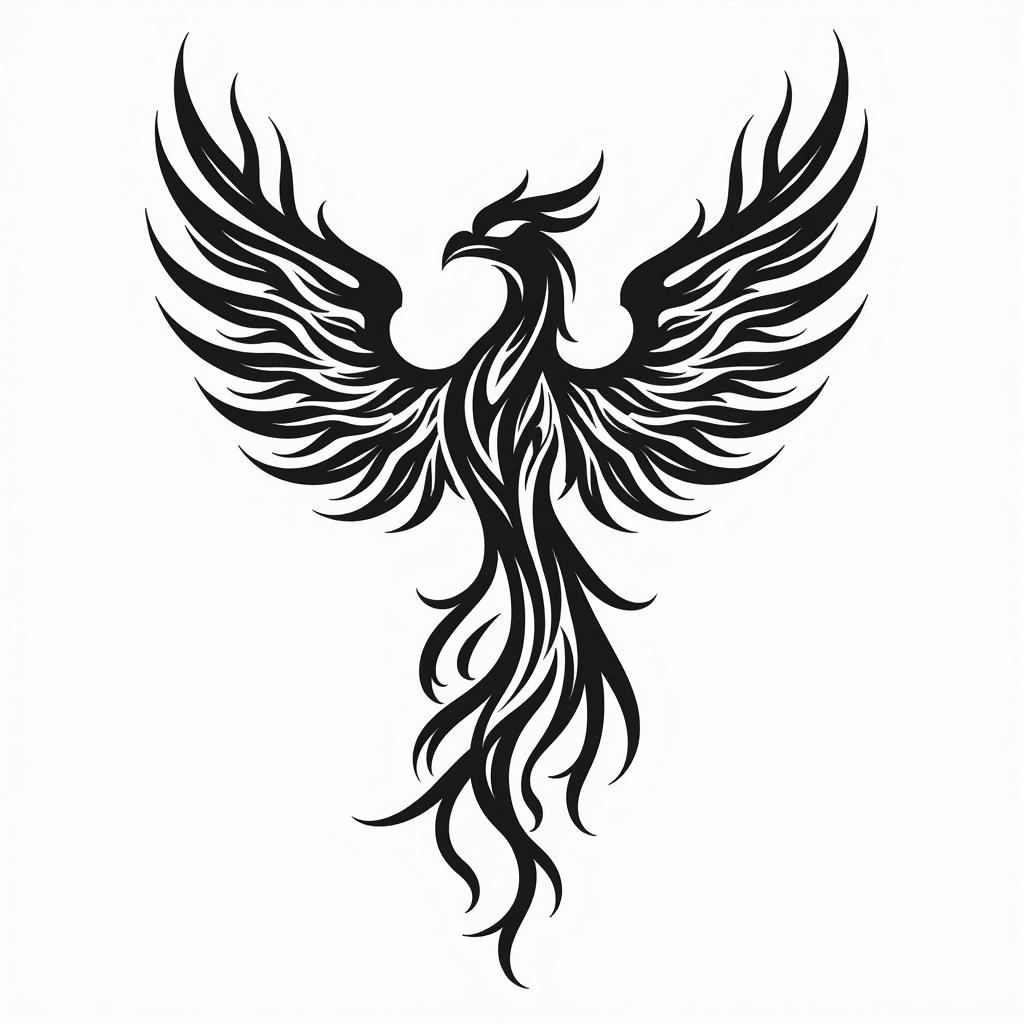  create a tattoo design, tattoo design in a tribal style featuring a tribal phoenix rising from the ashes, with flames and feathers interwoven in black lines, on a white background, white background