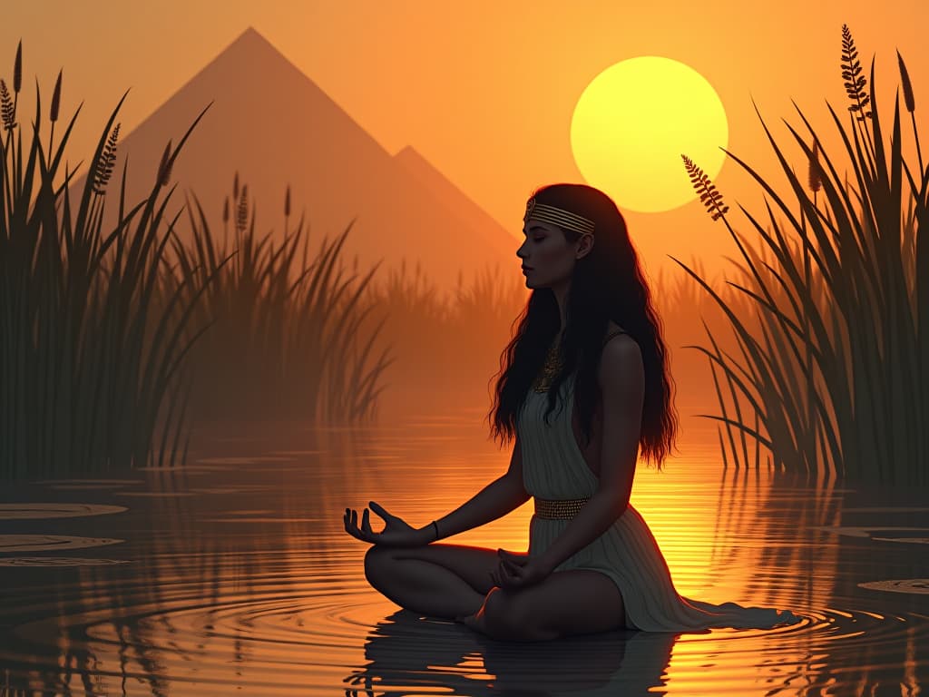  a serene papyrus filled marsh under the golden glow of dawn, with a large busted egyptian woman in form fitting attire meditating peacefully, symbolizing solace in the quiet corners of nature. the style is digital art illustration / modern comic book / mysterious occult, symbolic, esoteric vibe,high detail on character design, incorporating ancient egyptian symbology and attire.