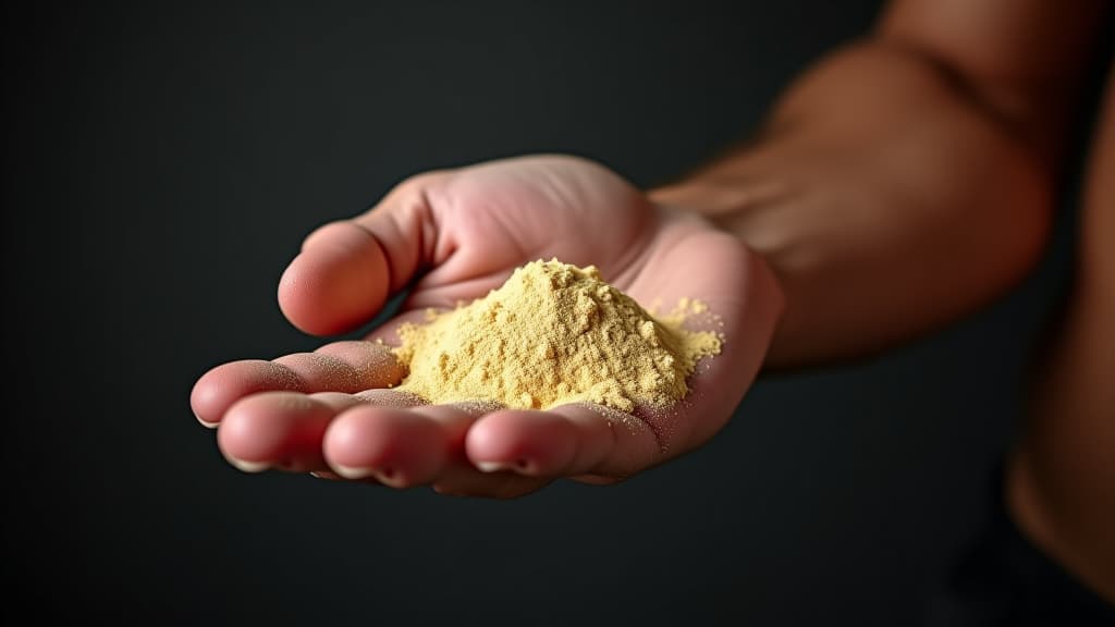  protein powder in man muscular hand shape, bodybuilding and power sport concept