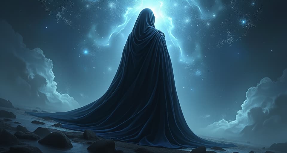  an ethereal figure cloaked in dark, flowing robes, standing amidst a landscape of bright celestial lights, embodying the dichotomy of truth and deception.. the style is digital art illustration,highly detailed, whimsical,magical, dreamlike atmosphere, realism and fantasy blend, smooth, glossy textures,luminous quality, wonder and enchantment.