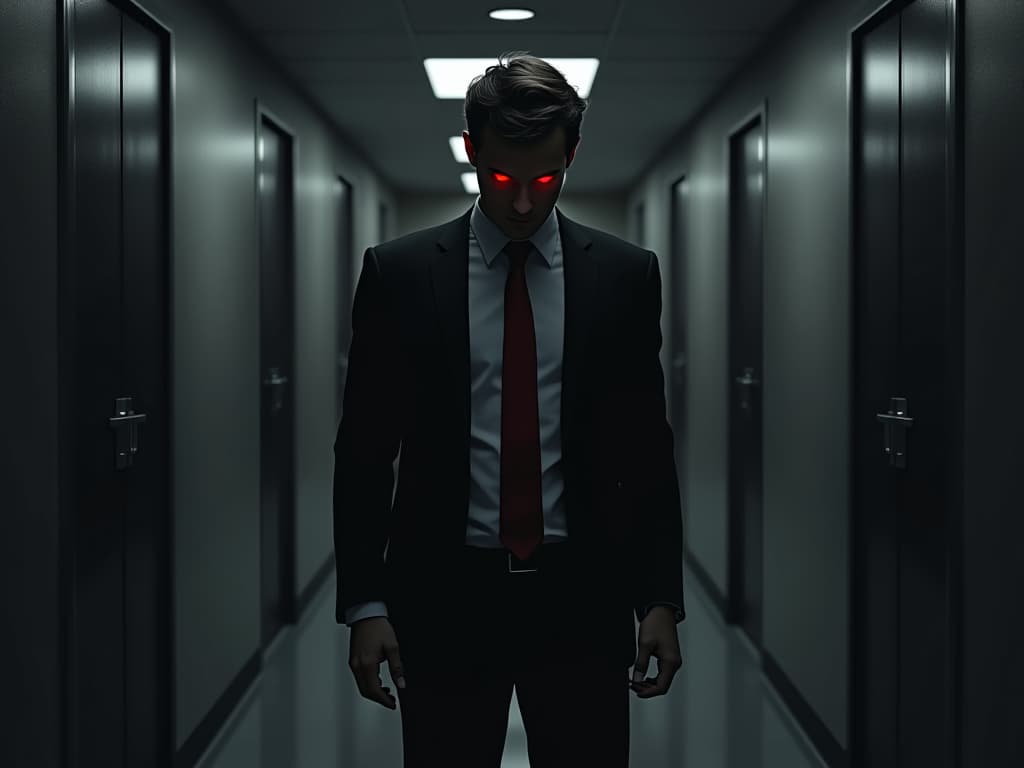  coworker in corporate attire, shadowed face, standing alone in a dimly lit office corridor, avoiding eye contact, feeling of remorse, isolation.. the style is dark fantasy and mysterious occult, symbolic, moody lighting, esoteric vibe,high detail on character design. for the color scheme emphasize blacks and reds.