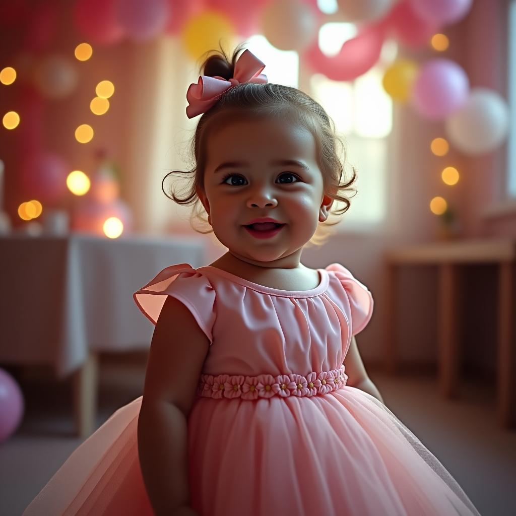  beutiful baby, hyperrealistic, wearing cute dress, cinematic atmosphere, children party setting, studio lighting,