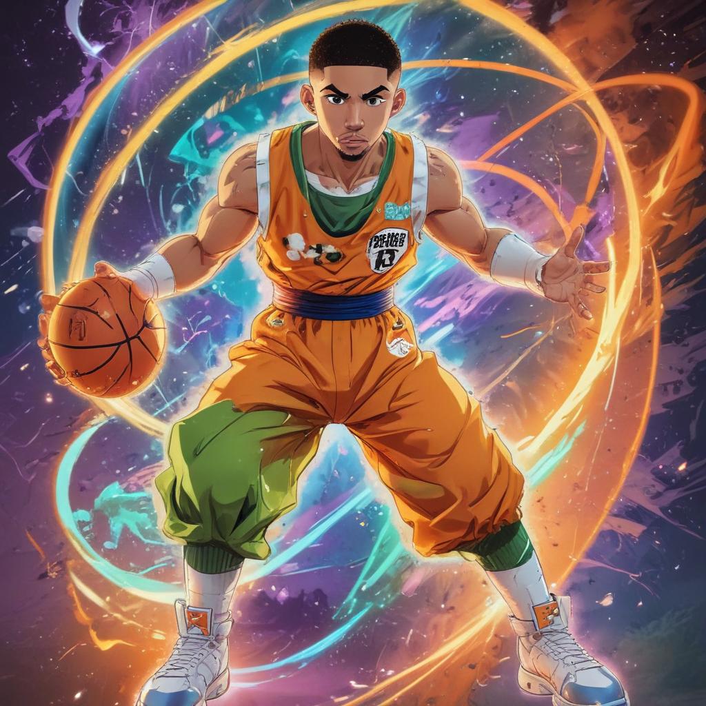 distance-shot, flashy, full-body, dynamic, holographic, animated cartoon poster of jayson tatum in the style of dragon ball super