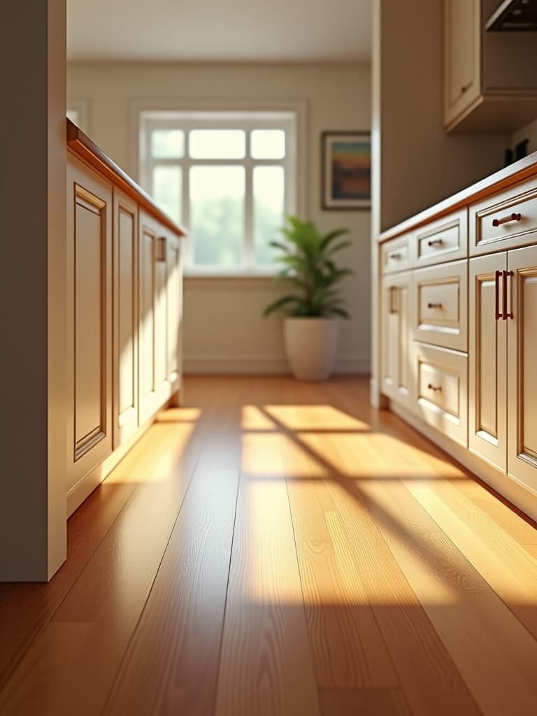  high quality portrait photo of a close up view of elegant hardwood flooring in a sunlit kitchen, with warm honey tones and a seamless transition to white cabinetry hyperrealistic, full body, detailed clothing, highly detailed, cinematic lighting, stunningly beautiful, intricate, sharp focus, f/1. 8, 85mm, (centered image composition), (professionally color graded), ((bright soft diffused light)), volumetric fog, trending on instagram, trending on tumblr, HDR 4K, 8K