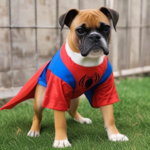 Perro raza boxer vestido con traje de spiderman