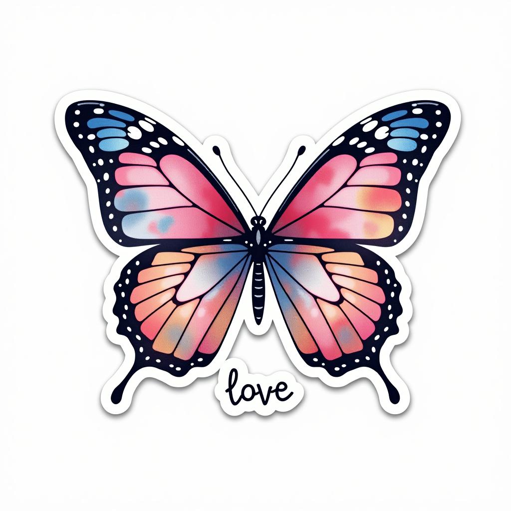  design a logo. custom sticker design on an isolated white background decorated by watercolor butterfly, with the text ‘love’