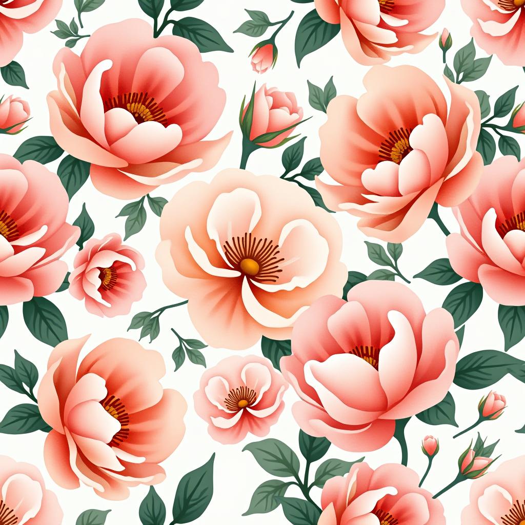  create a seamless digital design featuring a pattern of large, beautiful flowers with soft, watercolor like effects. the flowers should cover the entire surface, creating a bold, elegant, and continuous look. the overall style should be light and airy, with delicate leaves and petals to enhance the natural, floral theme. the design should be seamless to ensure it can be used in repeating patterns or wraps.