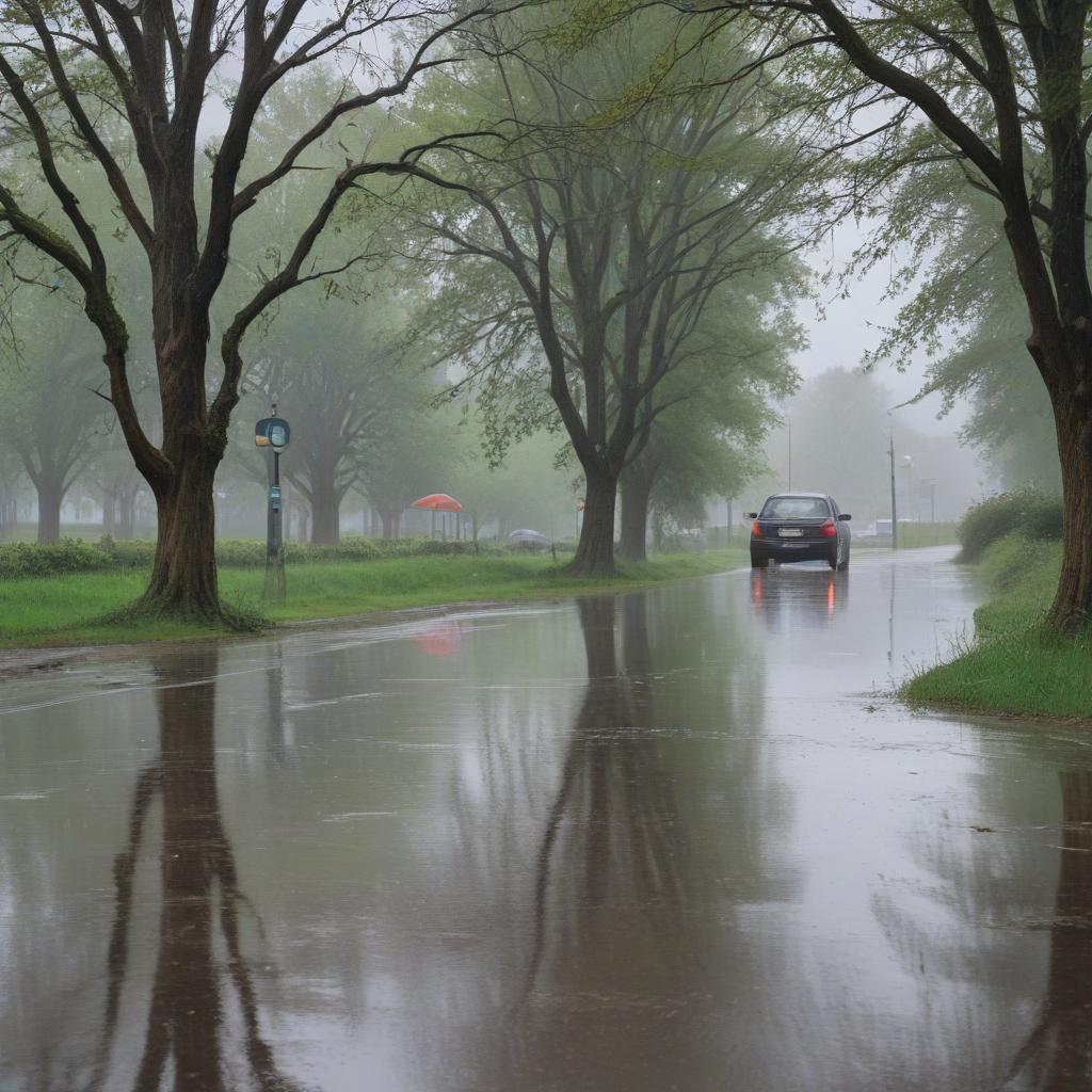 An impressionistic landscape capturing the essence of a rainy day.