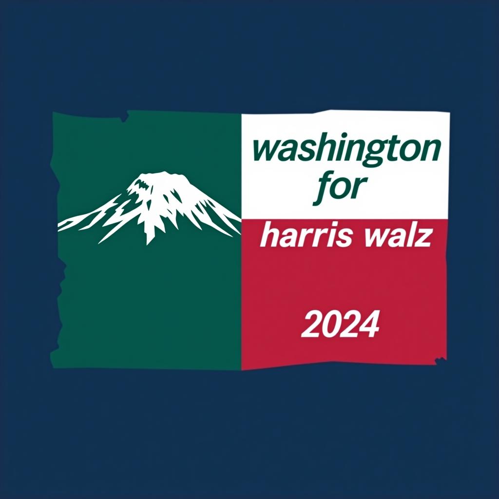  a tshirt design inspired by the washington state flag. the left side features a green vertical stripe with a large mountain in the center. the right side is divided into two horizontal sections: the top section is white with the text 'washington for' in bold, green, uppercase letters, and the bottom section is red with the text 'harris walz 2024' in bold, white, uppercase letters. the overall layout is clean and straightforward, with a clear and patriotic color scheme of blue, white, and red.