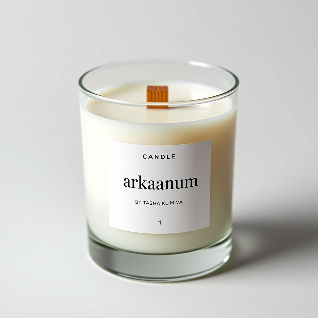  you are a professional photographer. create a photograph of a candle in a glass holder with a wooden wick and a white label that says: candle arkanum by tasha klimiva. the candle is placed on a white background, featuring product photography.