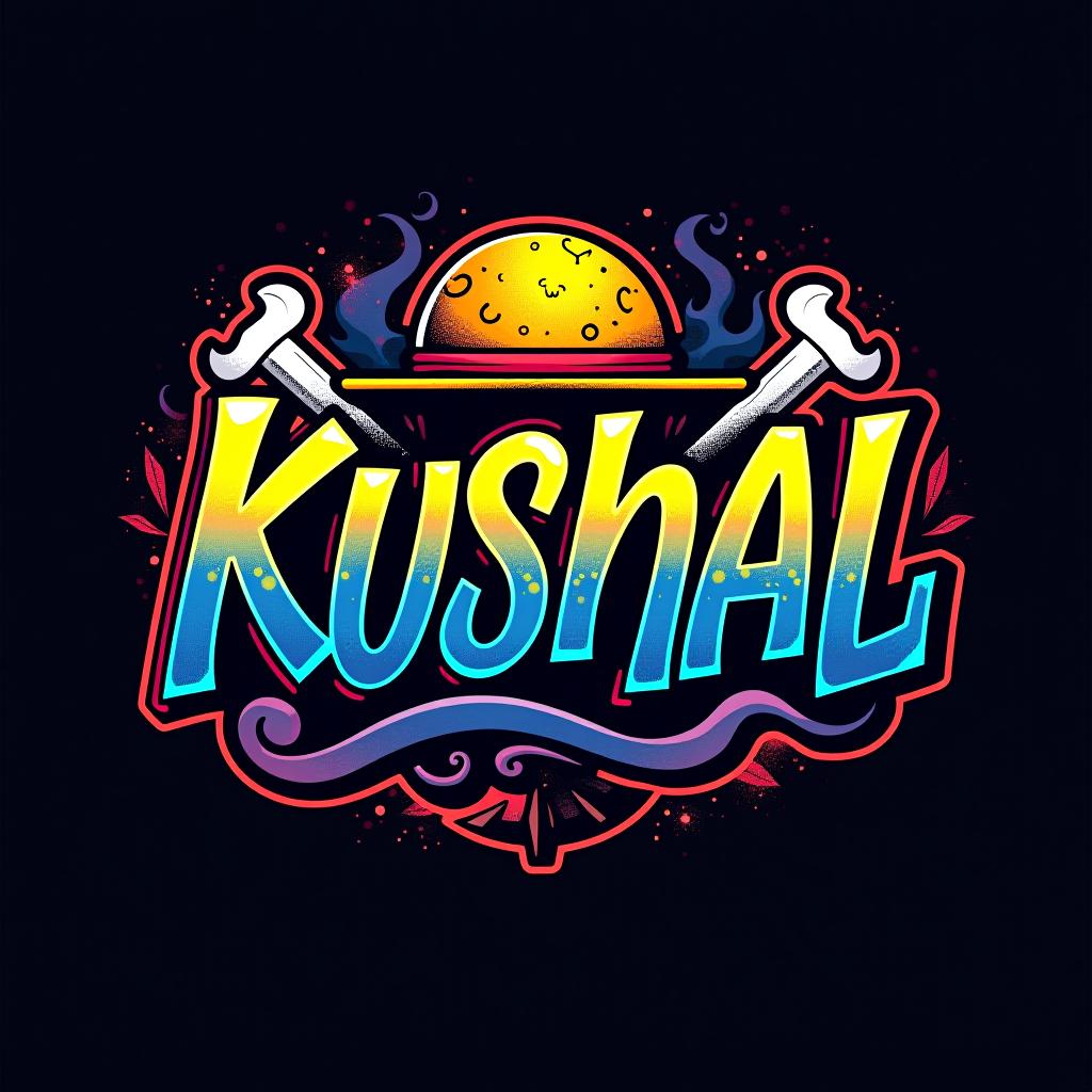  graffiti art style, design a logo using photoshop style effects. the logo should prominently feature the text 'kushal' in a bold, anime inspired font. incorporate elements and motifs from one piece, such as the straw hat pirate symbol or luffy’s hat, ensuring the design is unique and original. the color scheme should be vibrant and adventurous, reflecting the high seas excitement of the anime., dynamic, dramatic, vibrant colors, graffiti art style