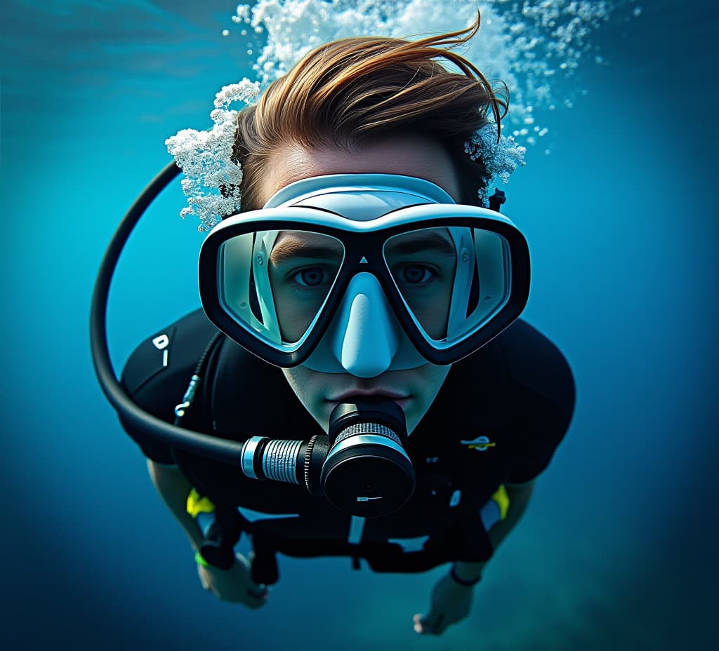  an underwater diver exploring the ocean depths with a full face mask, surrounded by captivating blue water.