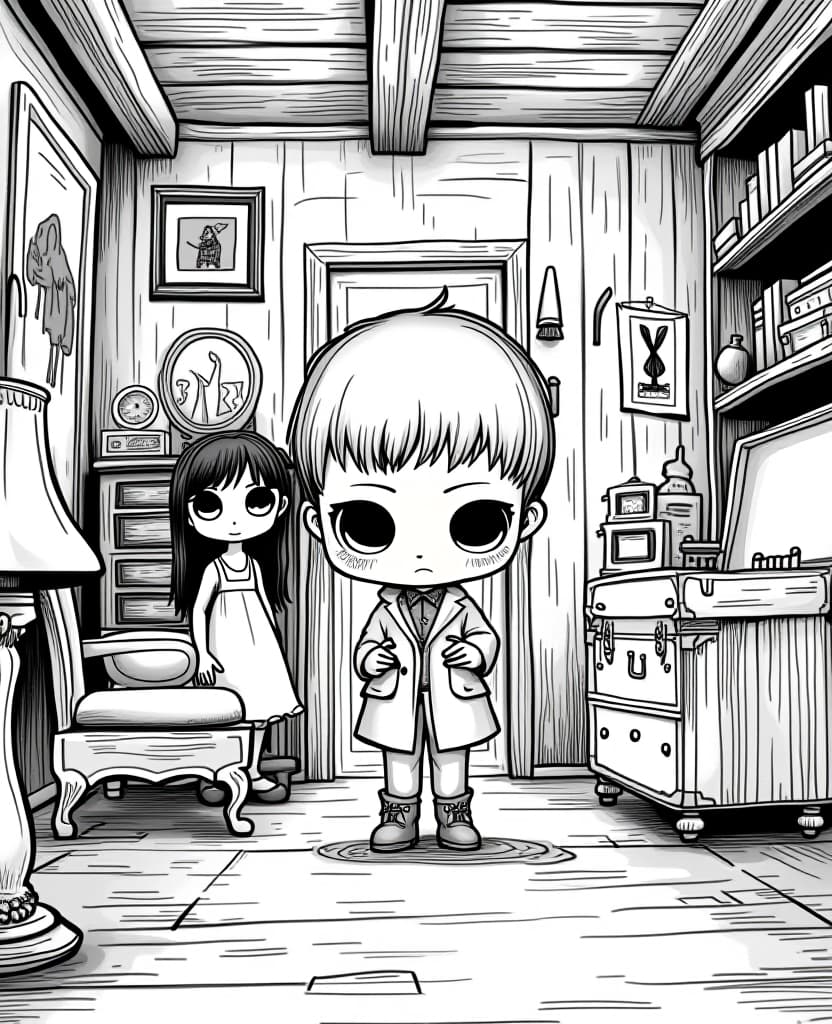  centered black and white high contrast line drawing, coloring book style,coloring book page of an adorable with big head and big eyes like lol surprise doll style, , creepy cute style an attic filled with old furniture. a detective is examining a trunk, while a woman stands nearby, looking anxious., monochrome, blank white background