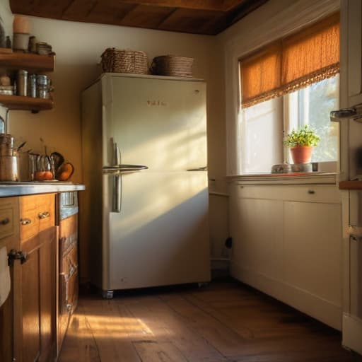 A photo of a skilled technician repairing a vintage refrigerator in a quaint and rustic kitchen in the late afternoon with warm, golden sunlight streaming through the window, casting soft shadows on the worn wooden floors and highlighting the intricate details of the appliance.