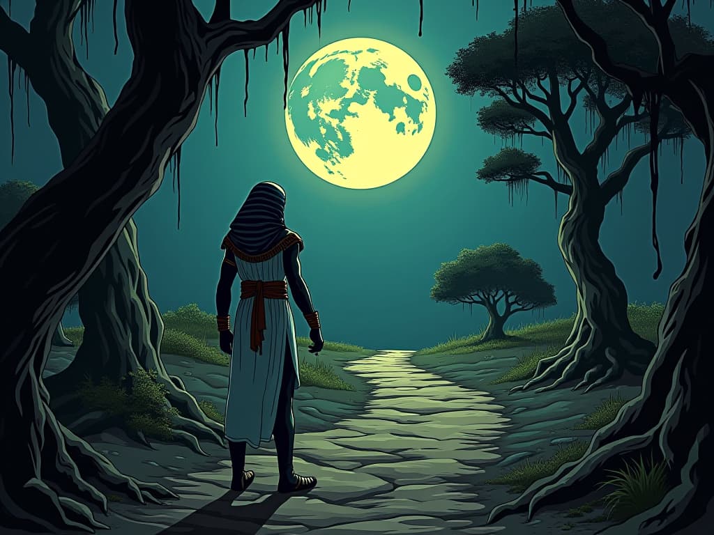  glowing full moon illuminating a rugged path through an ancient forest, guiding forward, symbolizing illumination of one’s path. the style is digital art illustration / modern comic book / mysterious occult, symbolic, esoteric vibe,high detail on character design, incorporating ancient egyptian symbology and attire.