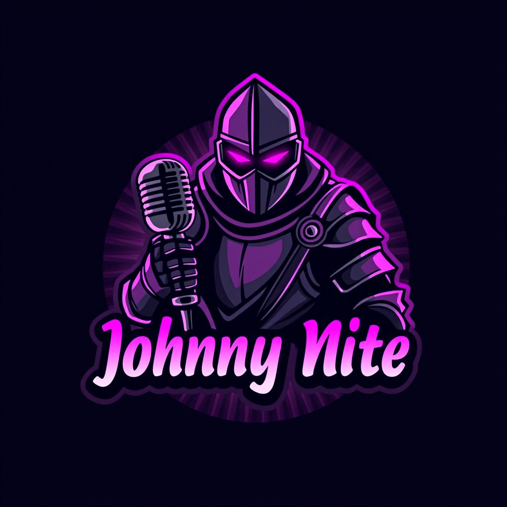  design a logo, in a geometric style. knight with a gaming mic graffiti purple and black, with the text 'johnny nite'.