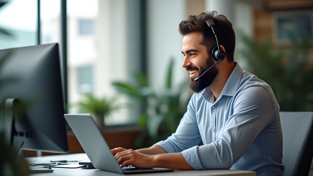  happy spain man call center agent wearing headset talking to client working in customer support office. professional contract service telemarketing operator using laptop having conversation. ar 16:9 {prompt}, maximum details