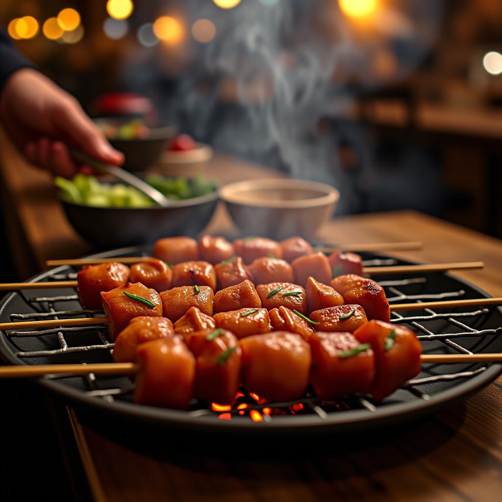  they are grilling shashlik in the restaurant.