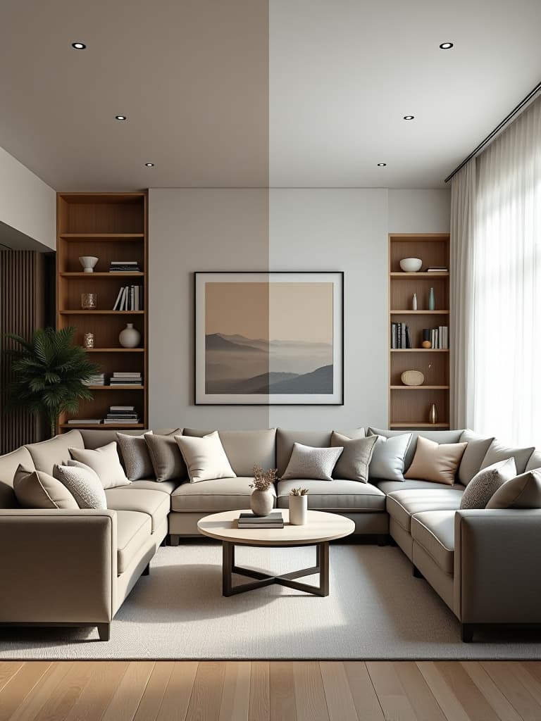  high quality portrait photo of a before and after split screen image of a living room, showing a cluttered space transformed into a minimalist haven with sleek furniture, hidden storage, and a calming color palette hyperrealistic, full body, detailed clothing, highly detailed, cinematic lighting, stunningly beautiful, intricate, sharp focus, f/1. 8, 85mm, (centered image composition), (professionally color graded), ((bright soft diffused light)), volumetric fog, trending on instagram, trending on tumblr, HDR 4K, 8K