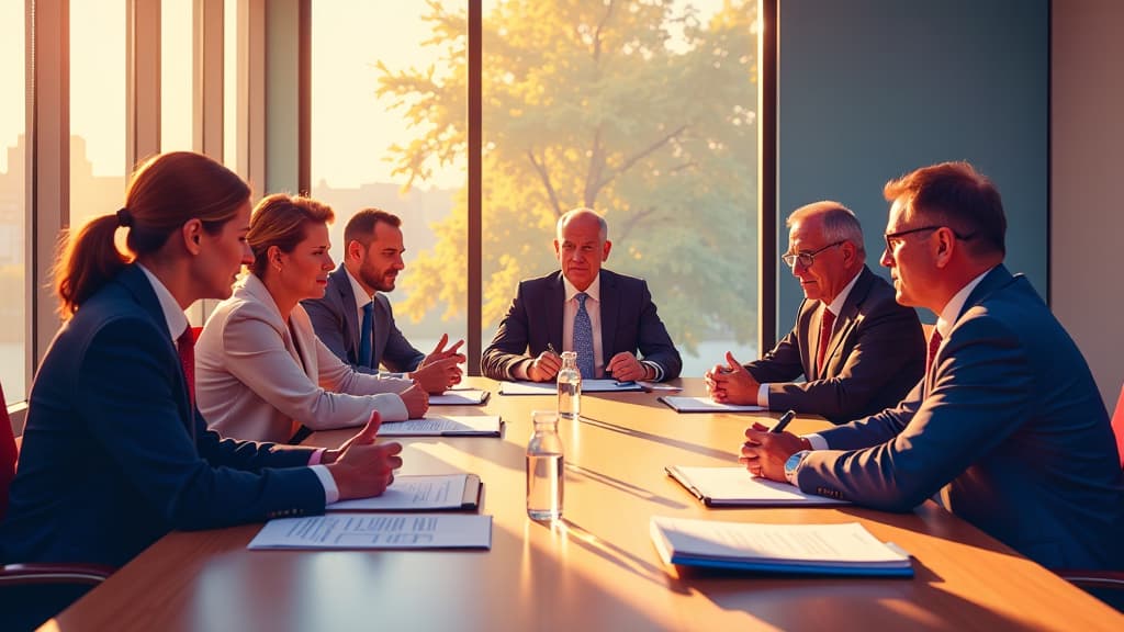  prompt: create a hyper realistic and detailed image showcasing the kickoff meeting for the national heat plan led by federal health minister lauterbach. the composition should feature a diverse group of experts from various sectors gathered around a table, deeply engaged in discussions. include visual elements like a discussion paper, medical equipment, and logos of relevant organizations to represent innovative strategies for heat prevention and life protection. incorporate bright, warm colors