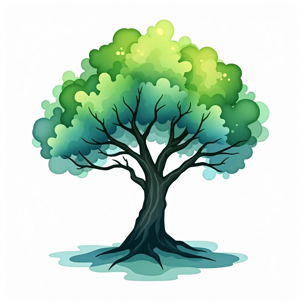  design a logo, watercolor style, logo of a tree, green and blue