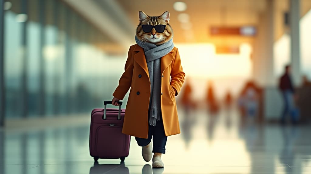  stylish cat dressed in a fashionable coat and sunglasses, walking through an airport with a small suitcase