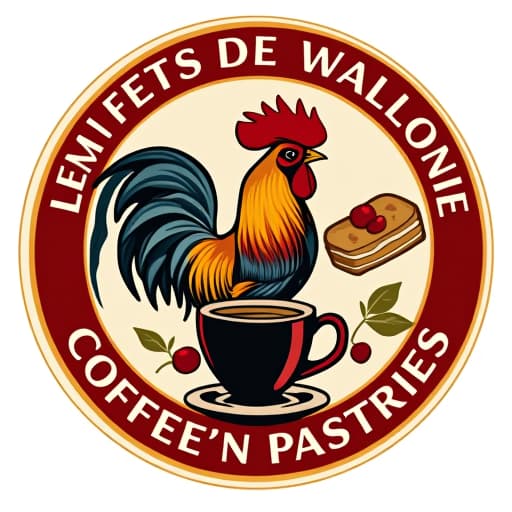  les fêtes de wallonie à liège, utamu coffee’n pastries : a logo featuring wallonia’s rooster, a coffee cup, and pastries, using red, yellow, and black with festive typography.given brand name "" logo will also be written hyperrealistic, full body, detailed clothing, highly detailed, cinematic lighting, stunningly beautiful, intricate, sharp focus, f/1. 8, 85mm, (centered image composition), (professionally color graded), ((bright soft diffused light)), volumetric fog, trending on instagram, trending on tumblr, HDR 4K, 8K