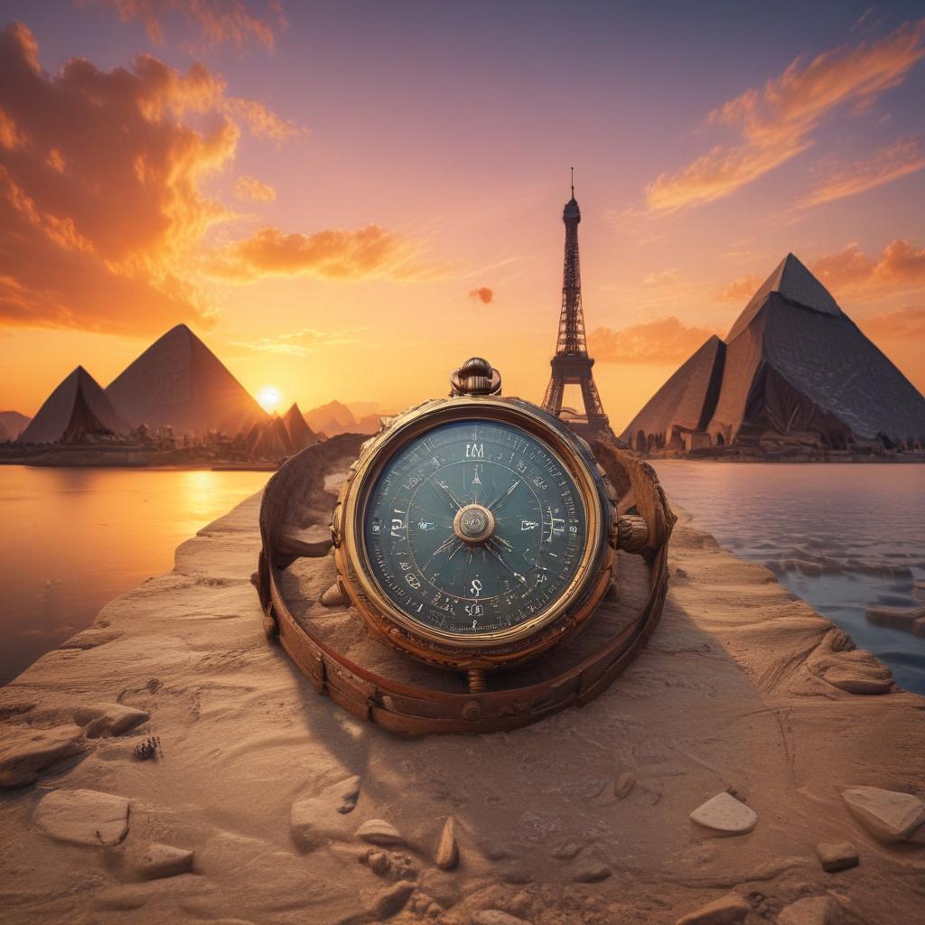 A collage of iconic landmarks from around the world: Eiffel Tower, Great Wall of China, Egyptian Pyramids, and Sydney Opera House, with a compass overlay pointing towards each destination. Vibrant sunset hues in the background suggest endless possibilities for travel and discovery.ultra-detailed, 4k hyperrealistic, full body, detailed clothing, highly detailed, cinematic lighting, stunningly beautiful, intricate, sharp focus, f/1. 8, 85mm, (centered image composition), (professionally color graded), ((bright soft diffused light)), volumetric fog, trending on instagram, trending on tumblr, HDR 4K, 8K