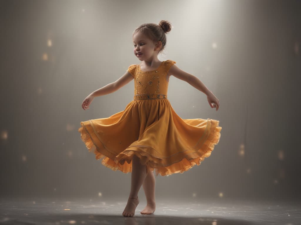 ultra realistic ((ultra realistic ((a child spinning around joyfully as they dance)))) hyperrealistic, full body, detailed clothing, highly detailed, cinematic lighting, stunningly beautiful, intricate, sharp focus, f/1. 8, 85mm, (centered image composition), (professionally color graded), ((bright soft diffused light)), volumetric fog, trending on instagram, trending on tumblr, HDR 4K, 8K