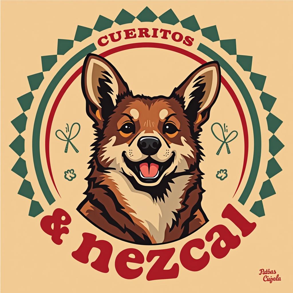  design a logo, en círculo abajo que diga patitas, cueritos & mezcal en el centro un la cabeza de un puerco abstracto sonriente disfrutando y , with the text 'patitas, cueritos $ mezcal'.