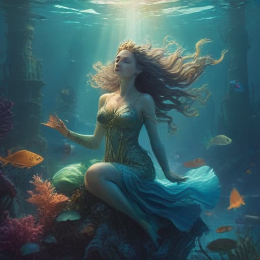 In a shimmering underwater kingdom, the Queen of Atlantis sits upon her majestic throne, adorned with pearls and seaweed. Her long, flowing hair dances gracefully in the currents, reflecting the colors of the ocean. Behind her, a school of colorful fish swim in perfect harmony, adding to the ethereal beauty of the scene. The water glistens with a soft, otherworldly glow, casting a tranquil and enchanting aura over the entire underwater city. fantastical creatures or characters inspired by mythology, folklore, or popular culture. use vibrant colors, sharp lines, intricate details, dynamic poses, dramatic lighting, atmospheric backgrounds, and blend anime, manga, and Western comic influences.