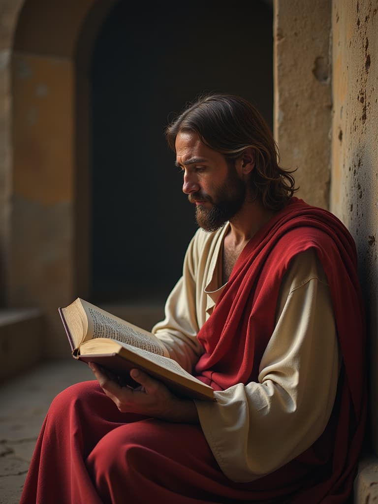  jesus reading bible, poor people's crying and watching, realistic, old time ad 30 timezone, portrait, outdoor, old church background hyperrealistic, full body, detailed clothing, highly detailed, cinematic lighting, stunningly beautiful, intricate, sharp focus, f/1. 8, 85mm, (centered image composition), (professionally color graded), ((bright soft diffused light)), volumetric fog, trending on instagram, trending on tumblr, HDR 4K, 8K