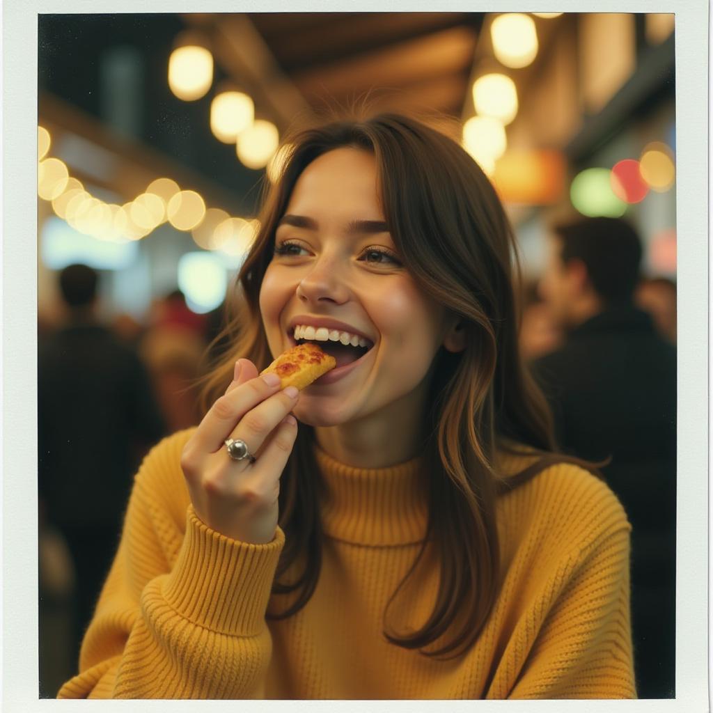  a polaroid photo with polaroid border of a beautiful young woman wearing yellow sweater eating street food with open mouth feeling happines, the photo has made on the food festival, artificial light