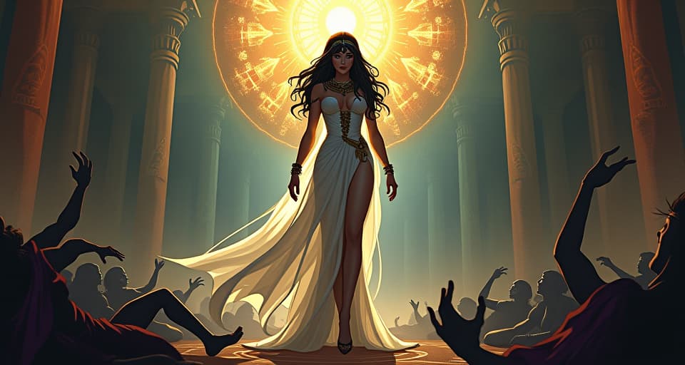  schemes unraveling, a large busted sorceress in a tight, transparent gown, standing victorious amidst falling enemies, divine support revealed. the style is digital art illustration / modern comic book / mysterious occult, symbolic, esoteric vibe,high detail on character design, incorporating ancient egyptian symbology and attire.