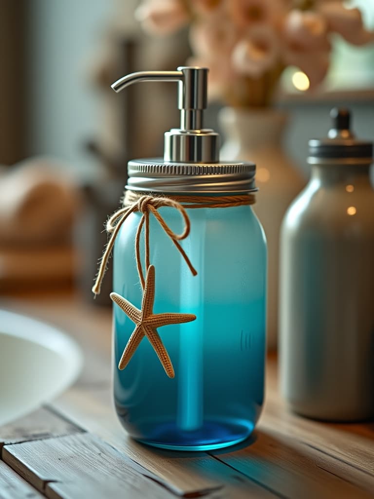  high quality portrait photo of a mason jar soap dispenser painted in ombre shades of blue, decorated with twine and a starfish, sitting on a weathered wood vanity hyperrealistic, full body, detailed clothing, highly detailed, cinematic lighting, stunningly beautiful, intricate, sharp focus, f/1. 8, 85mm, (centered image composition), (professionally color graded), ((bright soft diffused light)), volumetric fog, trending on instagram, trending on tumblr, HDR 4K, 8K