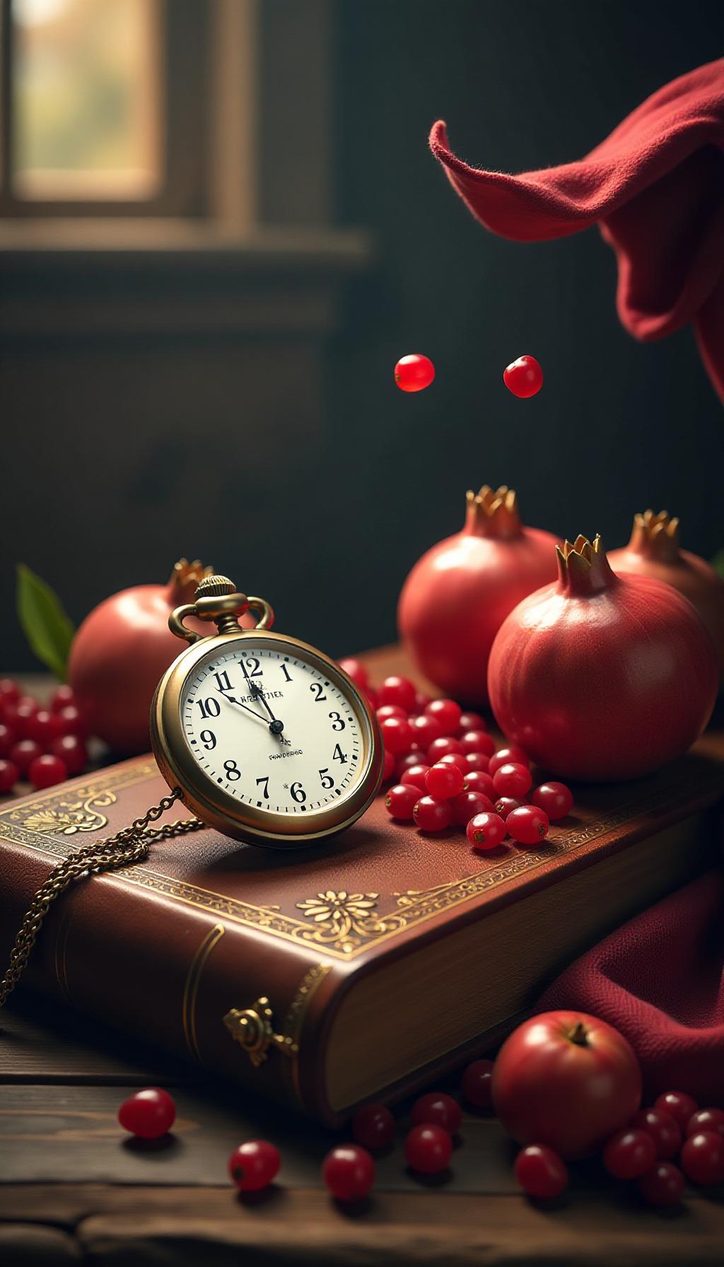  create a high quality, photorealistic image that vividly depicts the following scene: a spectacularly intricate image featuring an animated, richly colored microcosm backdrop. one half of the scene is occupied by an antique pocket watch with its slender second hand moving swiftly, symbolizing the passage of time. on the other half, a bunch of juicy pomegranates rest on an embossed, leather bound tome pointing to their botanical category as berries. a sudden breeze sweeps across, tossing a cloak up into the air, adding an element of unpredictability. the scene is awash with warmly glowing illumination that brings out the vivid hues, intricate details, and glistening surfaces; captured with nikon z7, f/2.8, iso 240, 1/80s, 8k resolution, hyperrealistic, full body, detailed clothing, highly detailed, cinematic lighting, stunningly beautiful, intricate, sharp focus, f/1. 8, 85mm, (centered image composition), (professionally color graded), ((bright soft diffused light)), volumetric fog, trending on instagram, trending on tumblr, HDR 4K, 8K