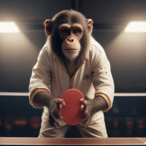 monkey is playing pingpong hyperrealistic, full body, detailed clothing, highly detailed, cinematic lighting, stunningly beautiful, intricate, sharp focus, f/1. 8, 85mm, (centered image composition), (professionally color graded), ((bright soft diffused light)), volumetric fog, trending on instagram, trending on tumblr, HDR 4K, 8K