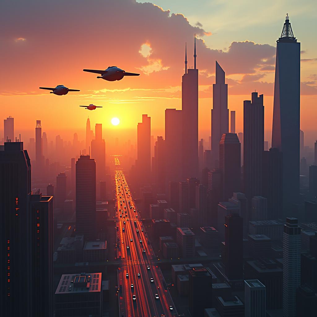  futuristic cityscape with flying cars at sunset