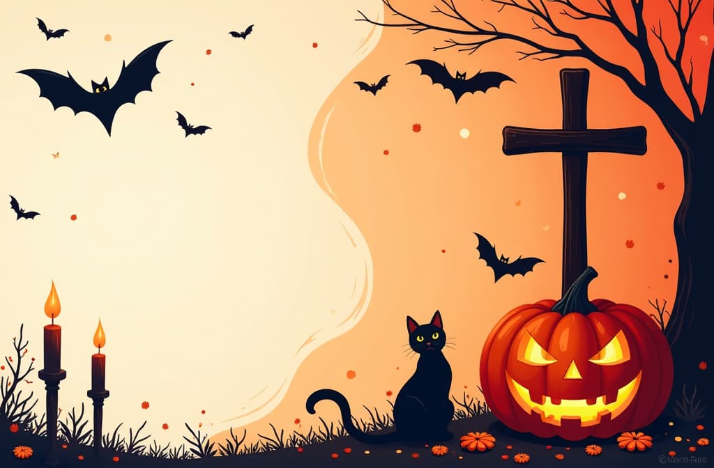  left free space for text, right black bats, pumpkin, black cat, cross, candles, halloween holiday, red, orange, black and white background ar 3:2 {prompt}, maximum details