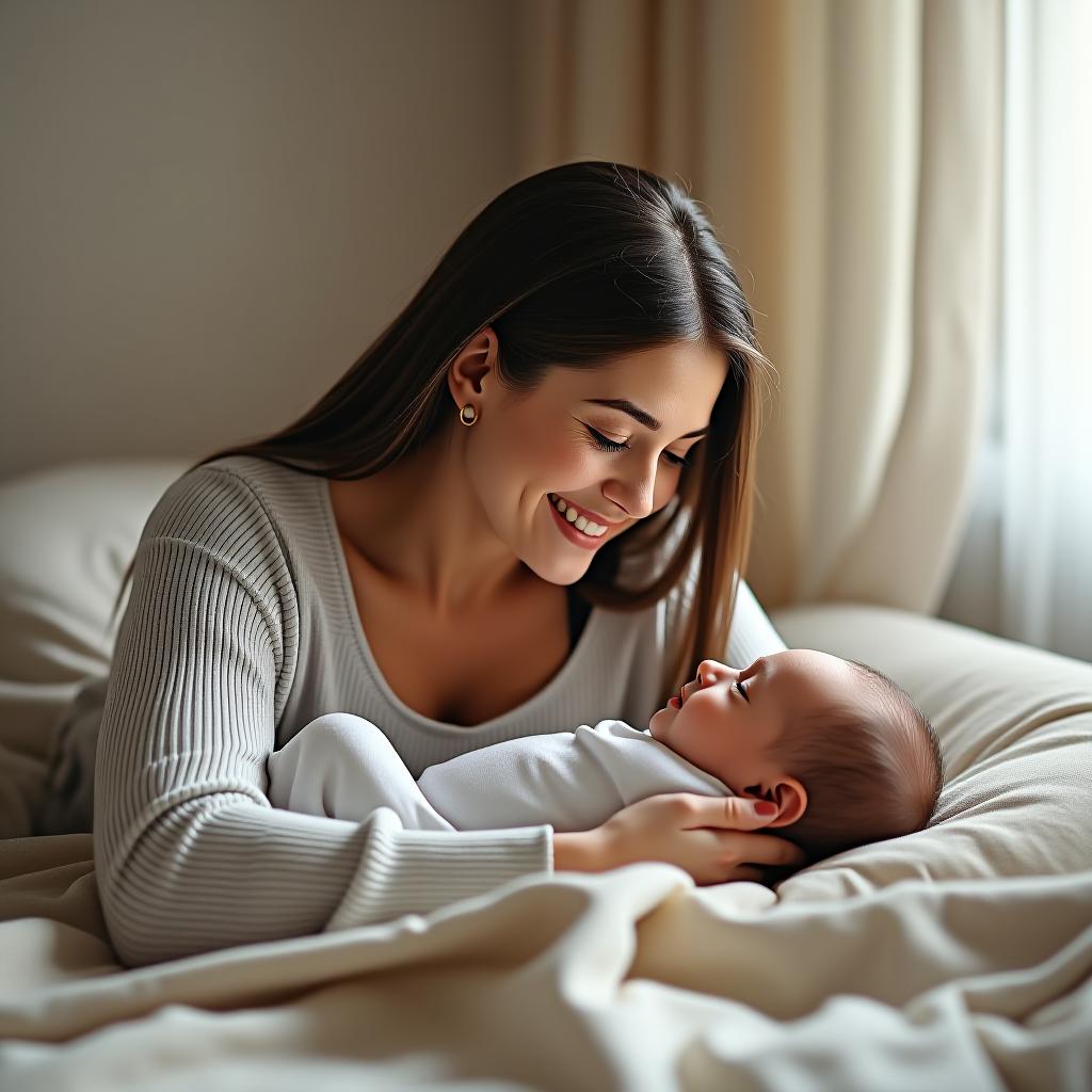  a smiling mother is putting her baby to sleep in a gentle interior.