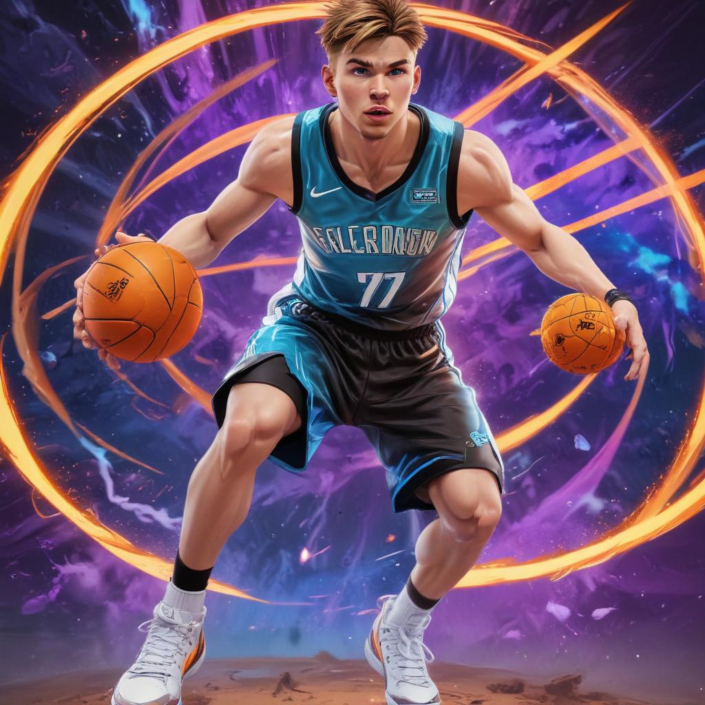 distance-shot, flashy, full-body, dynamic, holographic, animated cartoon poster of luka doncic in the style of dragon ball super