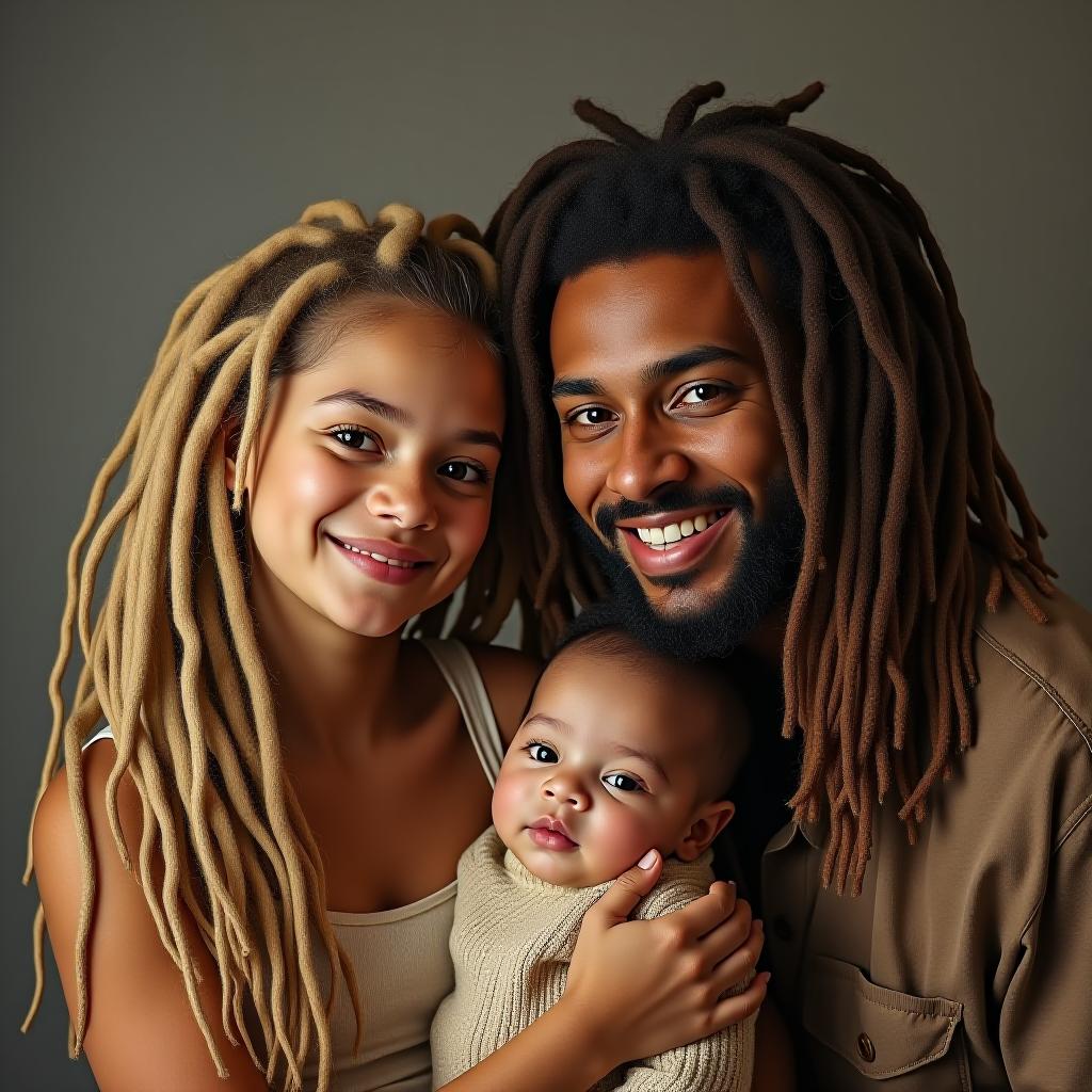  make an image of a mexican girl with blonde dreadlocks and a mixed man with brown dreadlocks and their son