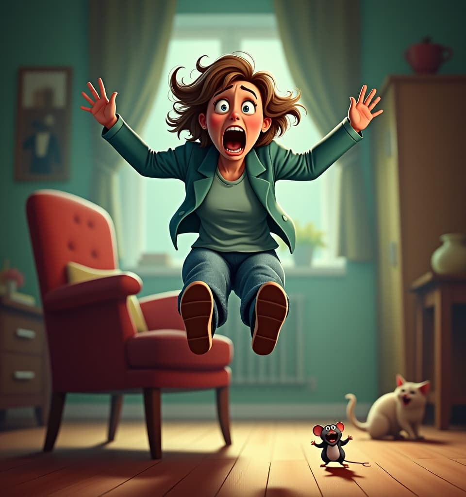  cinematic photo a humorous illustration. a very frightened woman jumped onto a chair with her feet, which is being chased by a small mouse. (a cat laughs in the background:1.3). exaggerated facial expressions and movements, body language, bright colors, cartoon style. . 35mm photograph, film, bokeh, professional, 4k, highly detailed hyperrealistic, full body, detailed clothing, highly detailed, cinematic lighting, stunningly beautiful, intricate, sharp focus, f/1. 8, 85mm, (centered image composition), (professionally color graded), ((bright soft diffused light)), volumetric fog, trending on instagram, trending on tumblr, HDR 4K, 8K