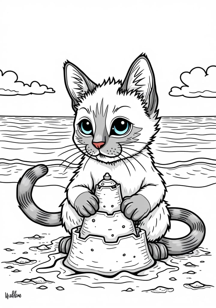  as a coloring book, white and black color, borders should be simple, clear, distinct, and thick lines, by cartoon style of [an adventurous cat], [siamese], [at a beach], [building a sandcastle] hyper detail, intricate details, sharp focus, high resolution, 8k, ultra detailed, vib