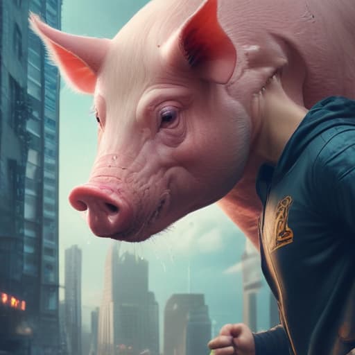 Soccer player punching a pig on the snout with a close fist in Cyberpunk style with City background