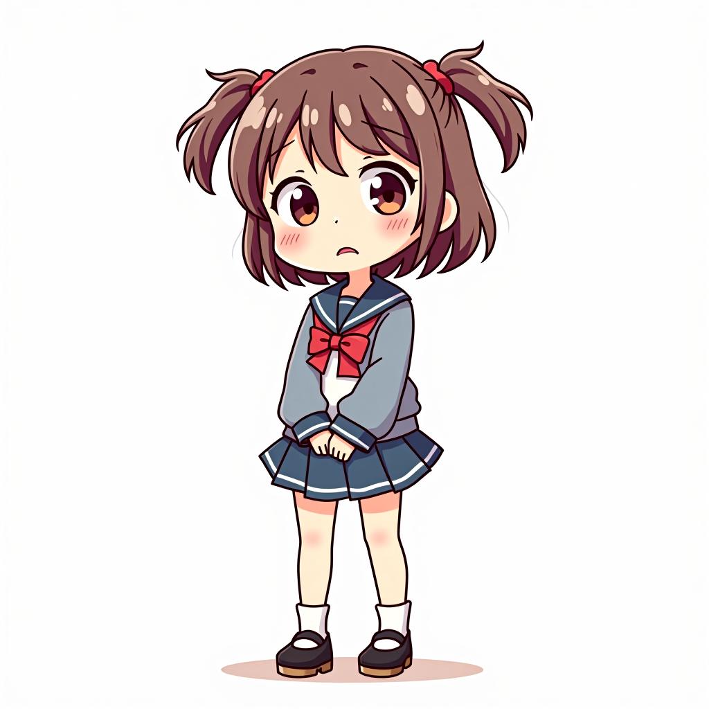  a cute cartoon style drawing depicting a girl standing in a school uniform, shoes on her feet, the girl looks surprised